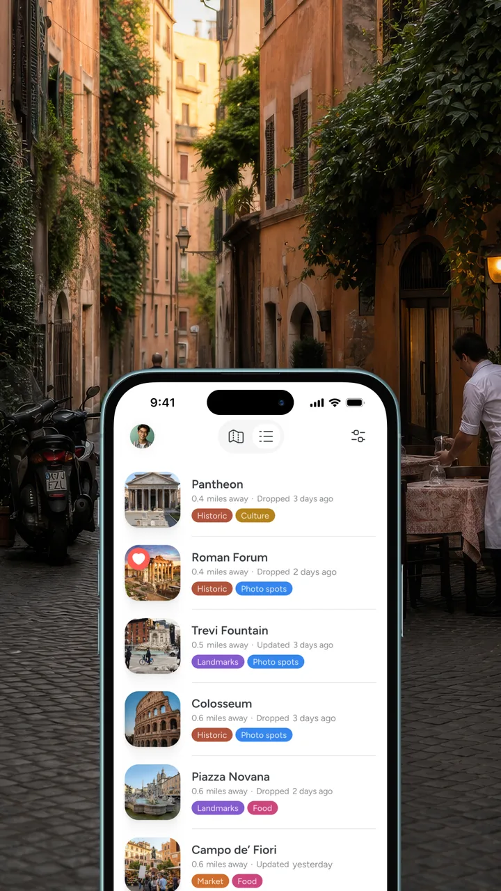 Pin Drop on a phone in a side street in Trastevere, Rome, showing a list of saved places nearby.